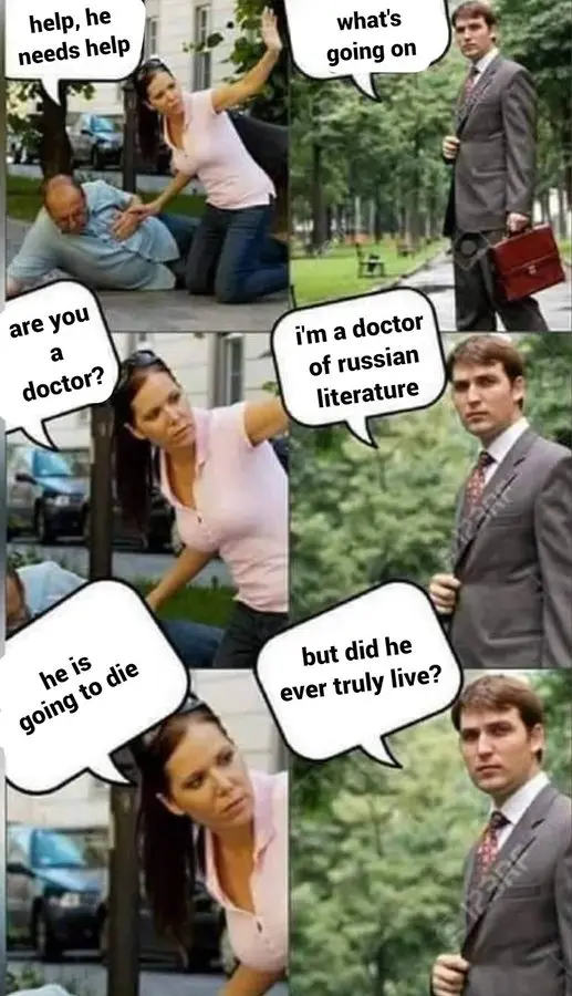 A four-panel comic strip shows a woman urgently asking a man for help with a fallen man. The man, holding a briefcase…