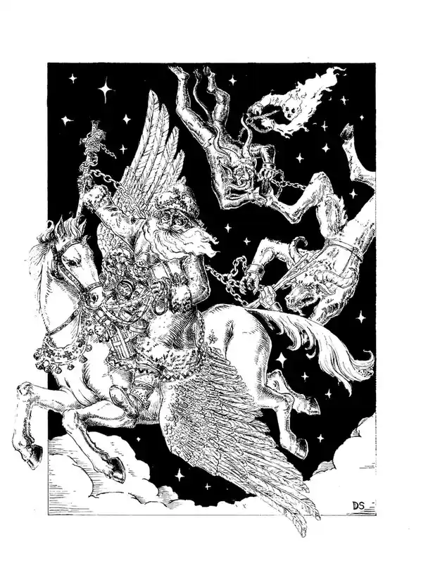 A black-and-white illustration depicts Santa Claus riding a winged horse through a starry night sky, dragging a devil and a…