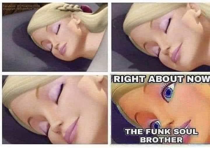 A four-panel image shows a blonde doll sleeping peacefully in three panels, then abruptly waking up with wide, startled eyes…