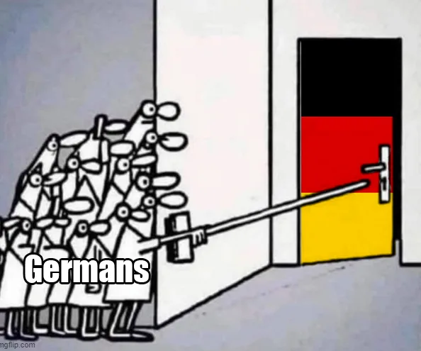 A group of identical cartoon figures labeled 'Germans' are pushing a long pole against a door painted with the German flag…