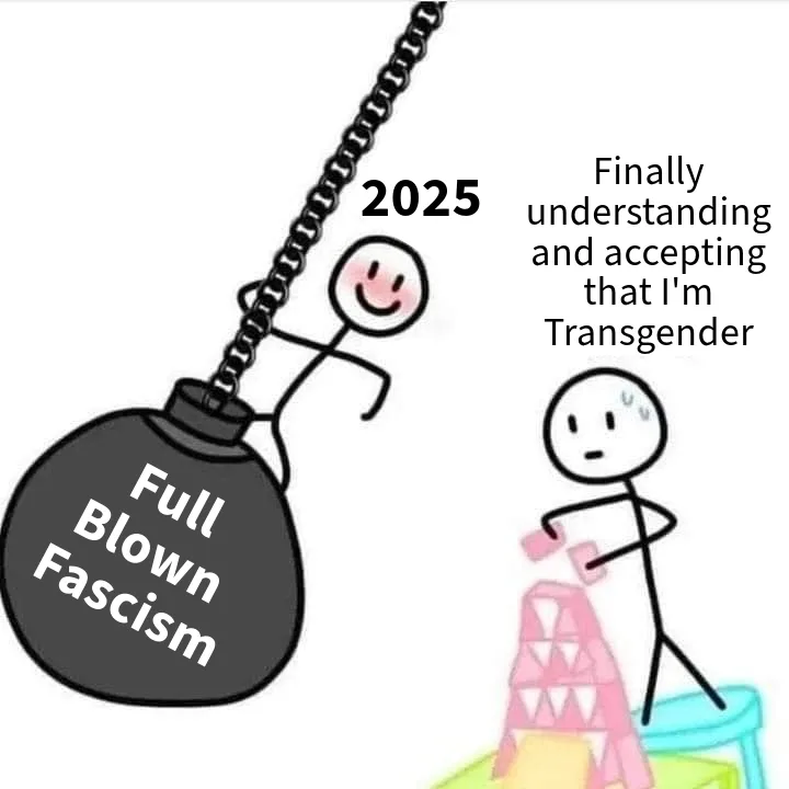 A stick figure labeled '2025' joyfully pulls a large bomb labeled 'Full Blown Fascism' by a chain, while another stick…