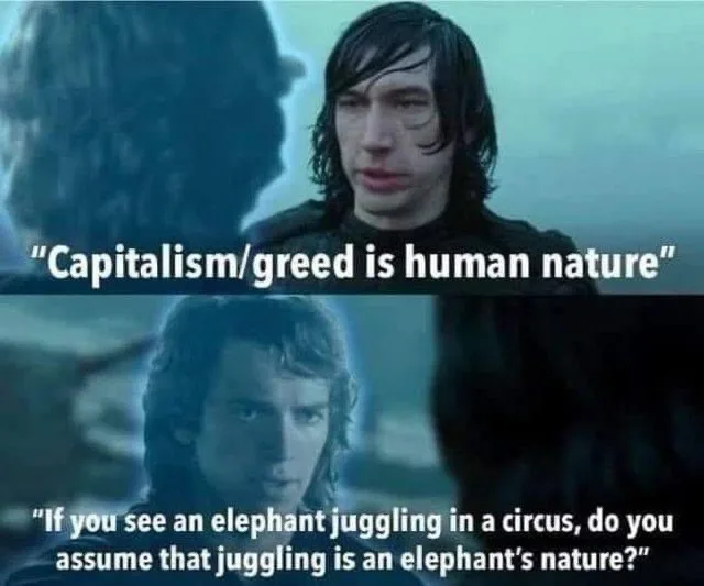 The image is a two-panel meme featuring characters from Star Wars. The top panel shows a man with dark hair and a scar…