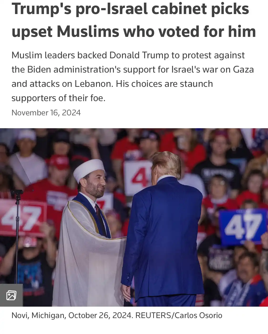 A news article headline reads 'Trump's pro-Israel cabinet picks upset Muslims who voted for him,' overlaid on a photo of…