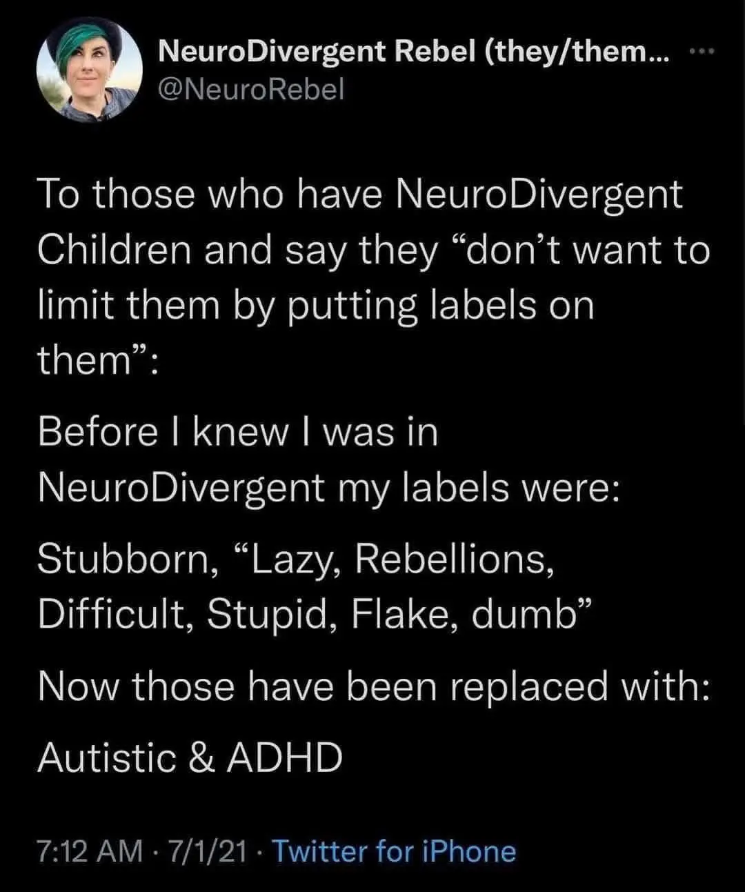 A screenshot of a tweet from 'NeuroDivergent Rebel' with white text on a black background. The tweet addresses parents who…
