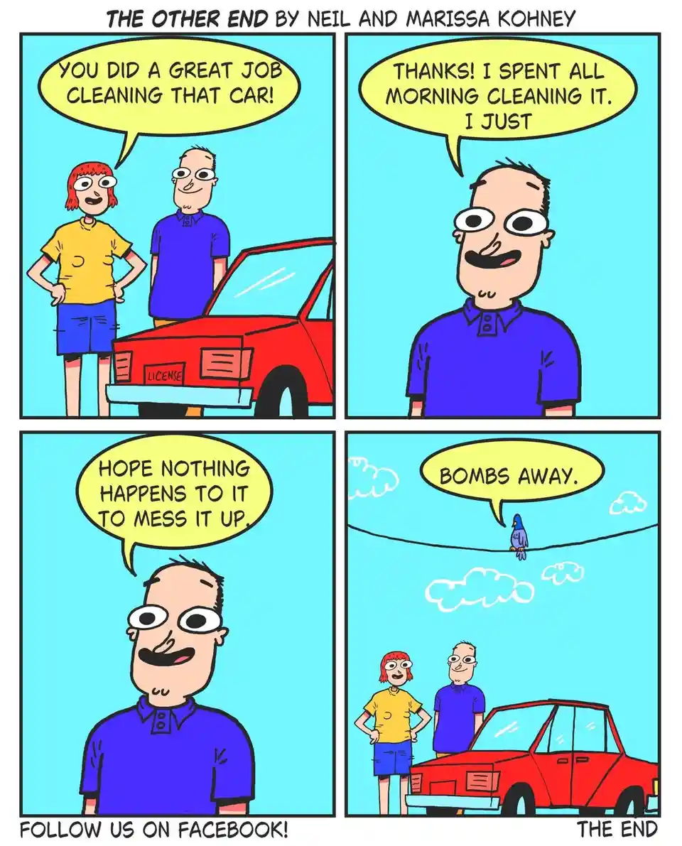 A four-panel comic strip titled 'THE OTHER END BY NEIL AND MARISSA KOHNEY' shows a man thanking someone for cleaning his red…