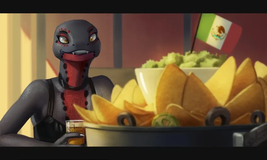 An animated reptilian character with red markings and a wide grin sits at a table holding a beer can, facing a large bowl of…
