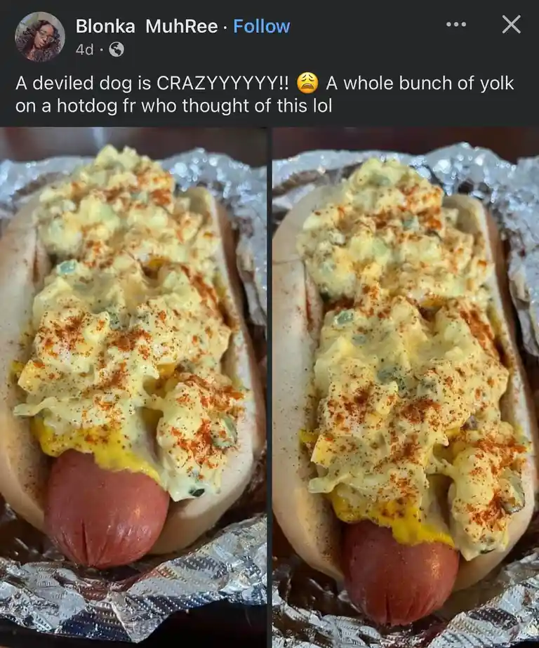 The image displays two side-by-side photos of a hot dog in a bun, generously topped with a creamy yellow sauce that appears…