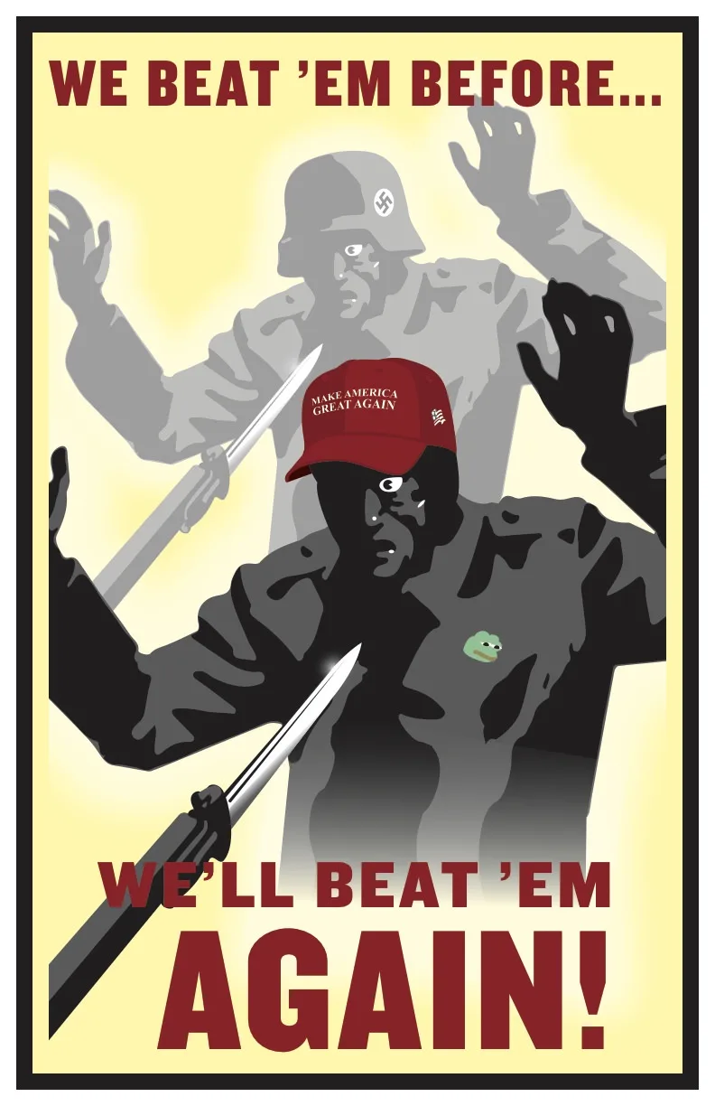 A stylized propaganda poster shows a dark-skinned soldier in the foreground wearing a red 'Make America Great Again' cap and…