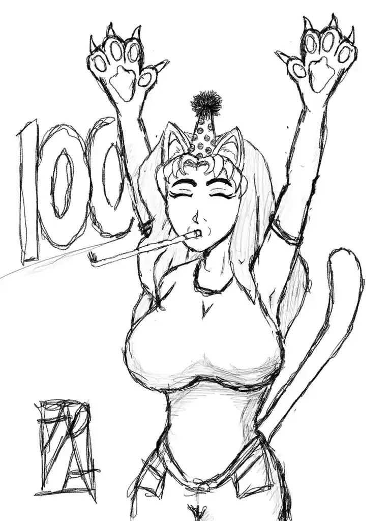 A black-and-white sketch shows a cartoon woman with cat ears, a party hat, and a tail, celebrating with her paws raised. She…