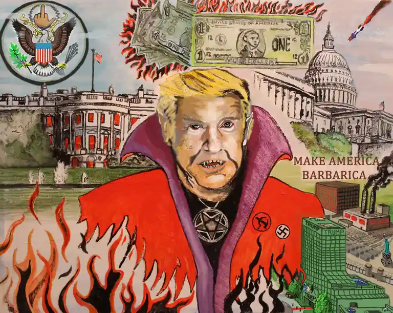 A satirical painting depicts Donald Trump as a demonic figure in a red cape with flames, wearing a pentagram necklace and…