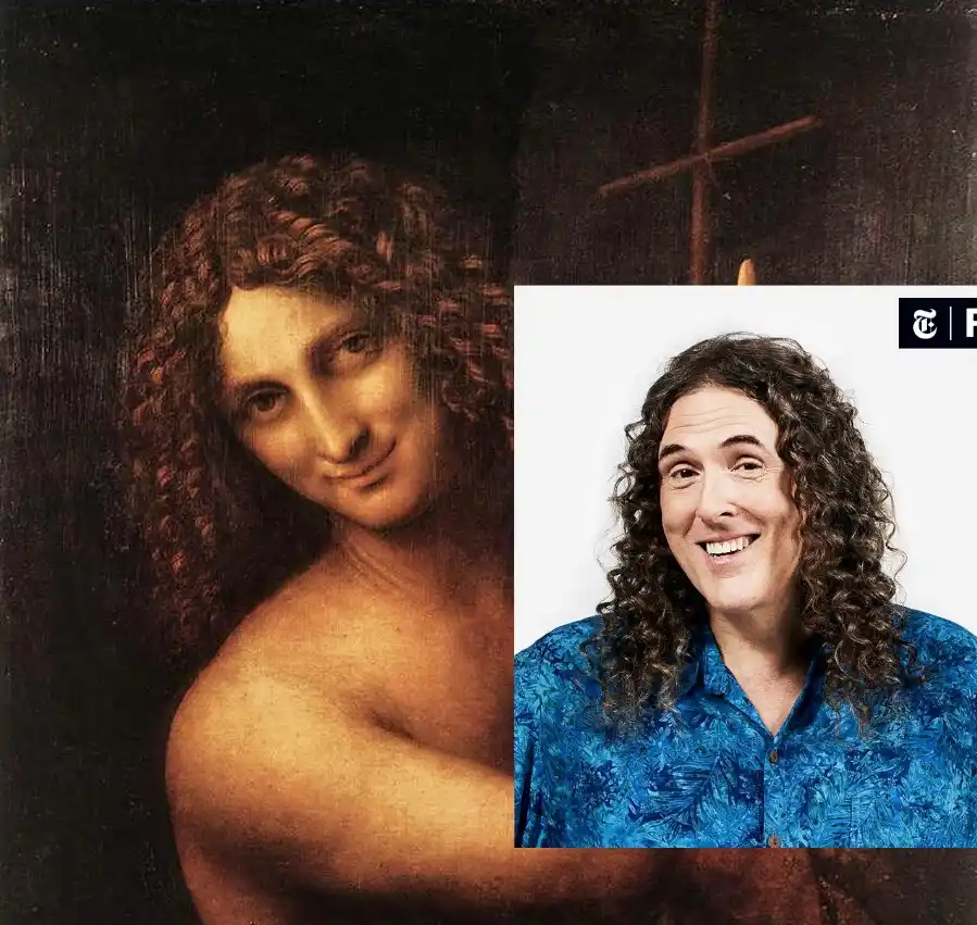 The image shows a classical painting of a nude woman with curly hair and a subtle smile, overlaid with a photo of a man with…