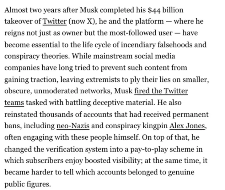 The image displays a block of black text on a white background, detailing Elon Musk's actions after acquiring Twitter (now…