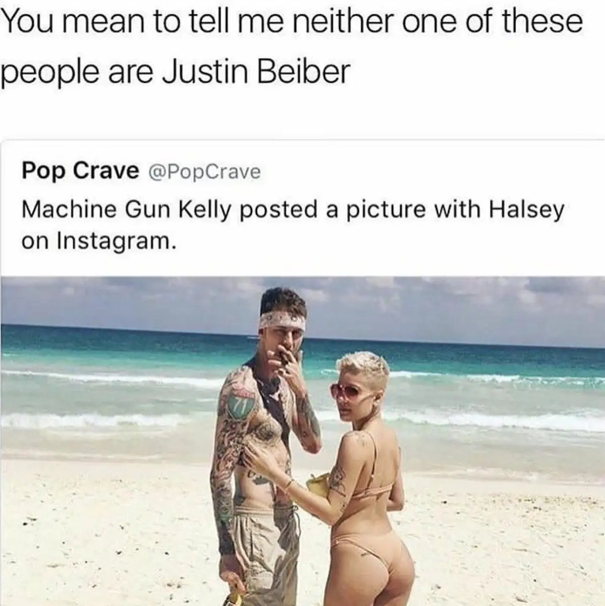 The image shows a screenshot of a tweet from 'Pop Crave @PopCrave' stating 'Machine Gun Kelly posted a picture with Halsey…