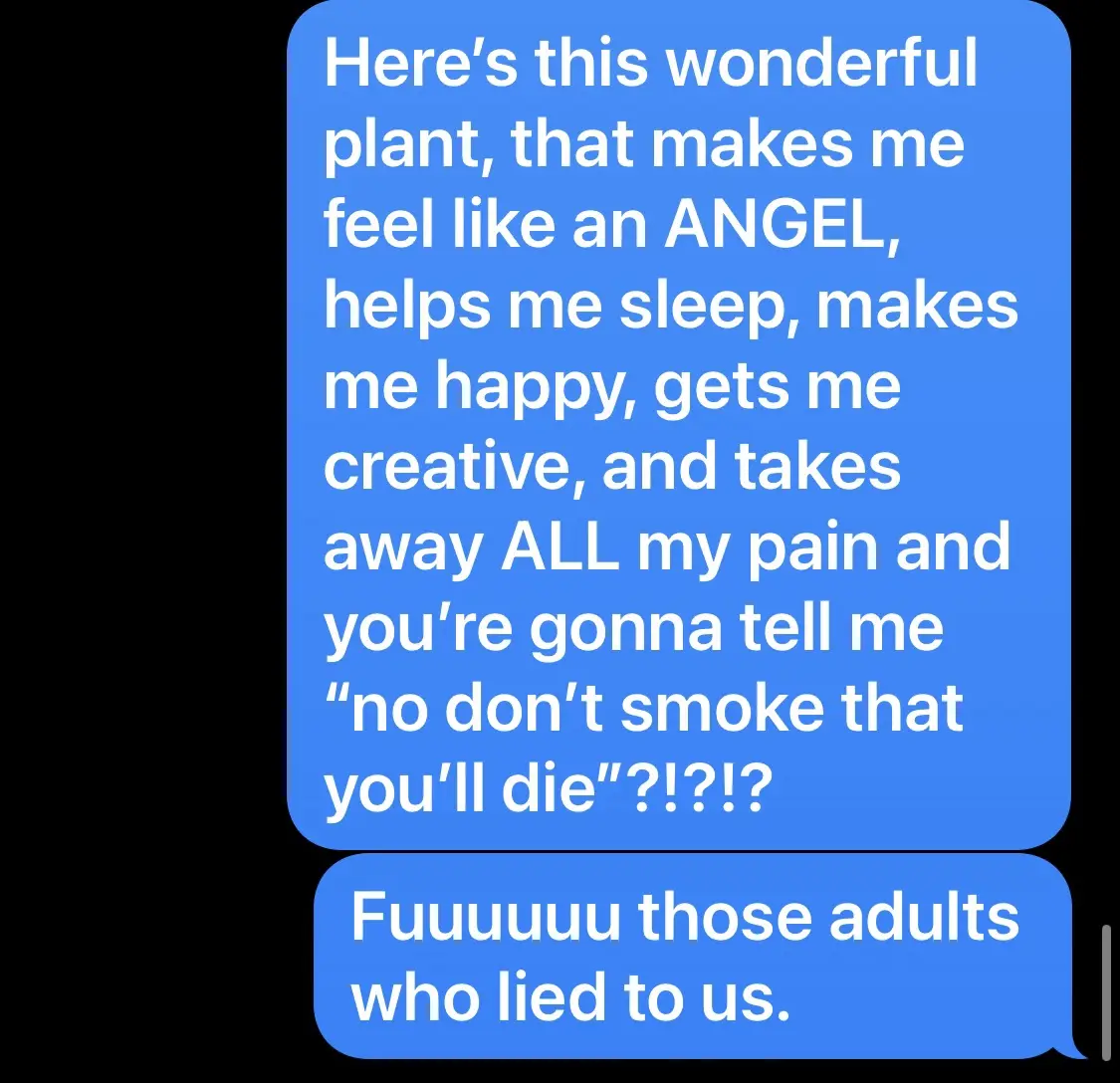 A screenshot of a text message conversation showing a blue message bubble with a long, enthusiastic description of a plant's…