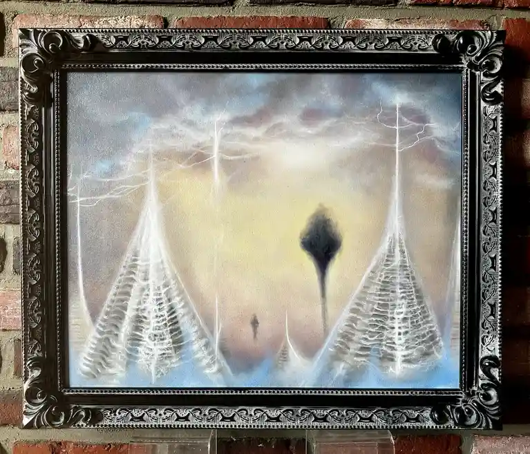 A framed painting hangs on a brick wall, depicting a surreal scene with two large, glowing, tree-like structures on either…