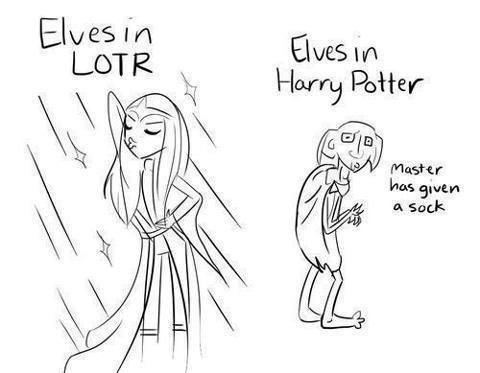 A black-and-white comic split into two panels. Left: A graceful, elegant elf with long hair and flowing robes stands…