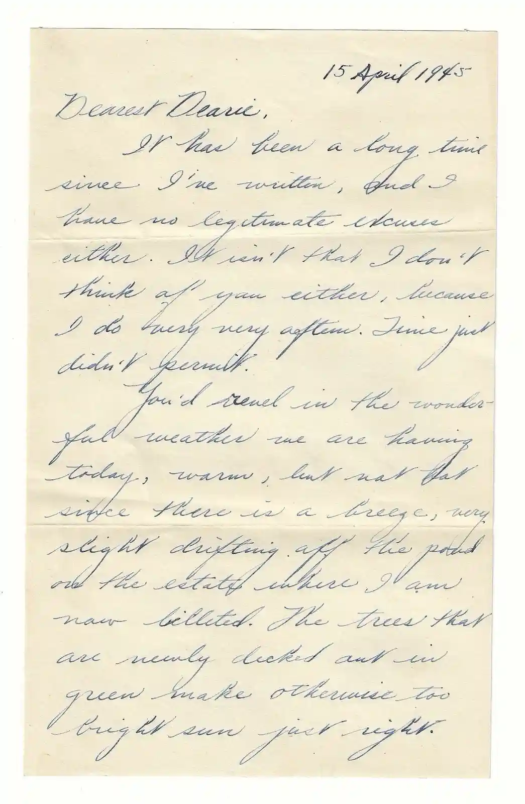 A vintage handwritten letter dated 15 April 1945, addressed to 'Dearest Dearie,' written in cursive script on aged paper…