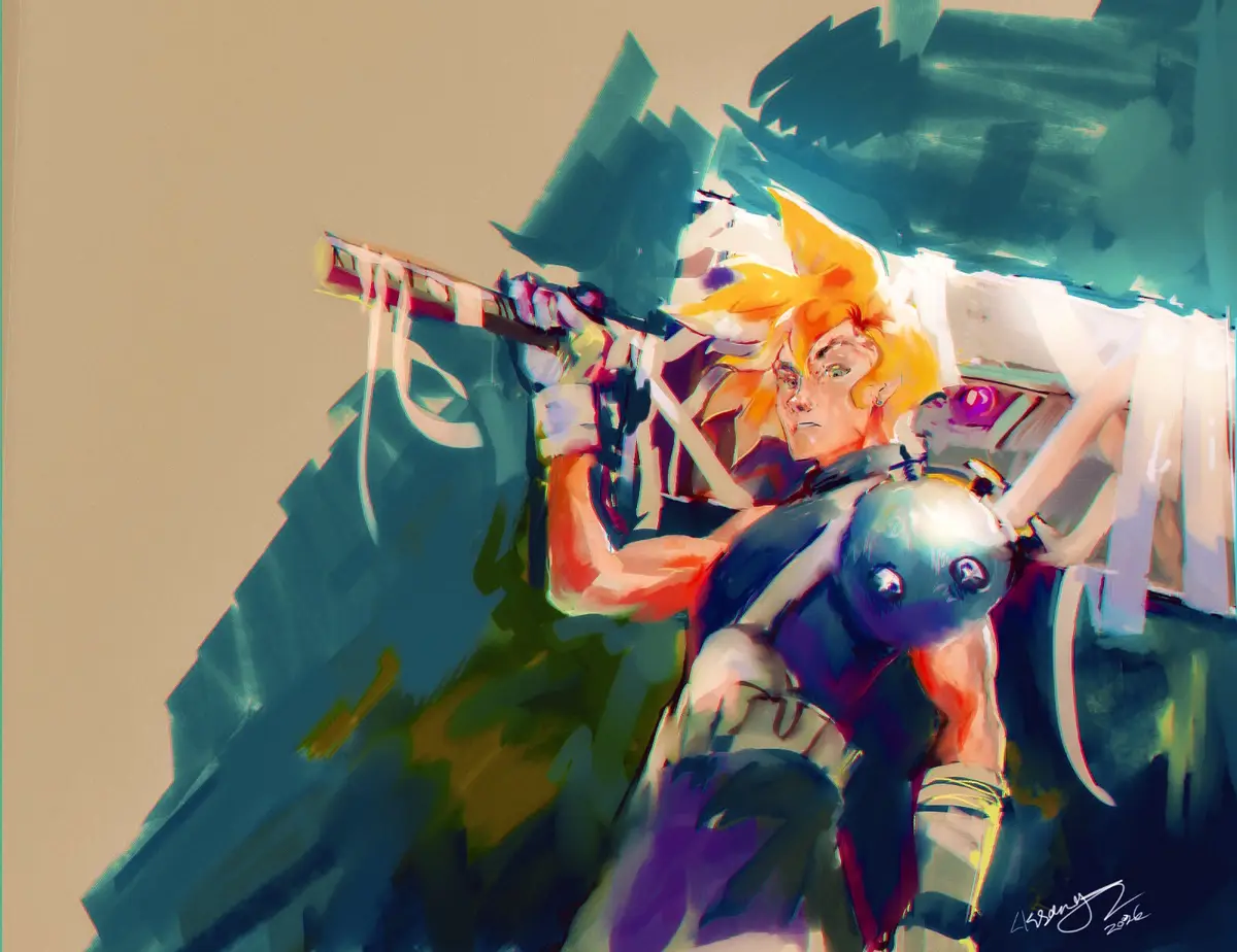 A stylized digital painting depicts a muscular, blonde-haired warrior in dynamic action, wielding a sword while holding a…