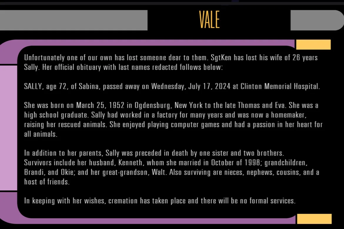 The image displays a faux obituary with a black background and purple and yellow accents, styled like a formal notice. The…