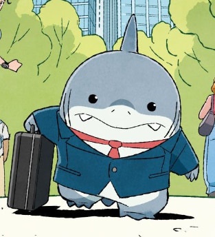 A cartoon shark wearing a blue business suit, red tie, and carrying a black briefcase, smiling with visible teeth. The text…
