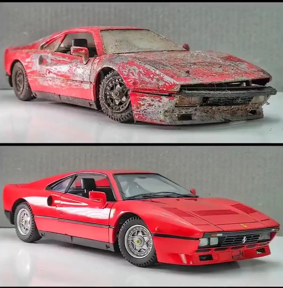 The image displays a split-screen comparison of a red Ferrari model car. The top panel shows the car heavily damaged…