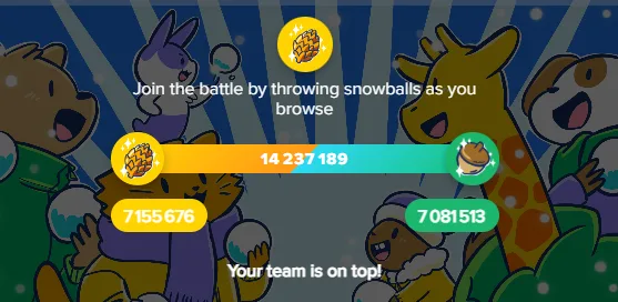 A screenshot from a game interface showing cartoon animal characters throwing snowballs. A progress bar displays a score of…