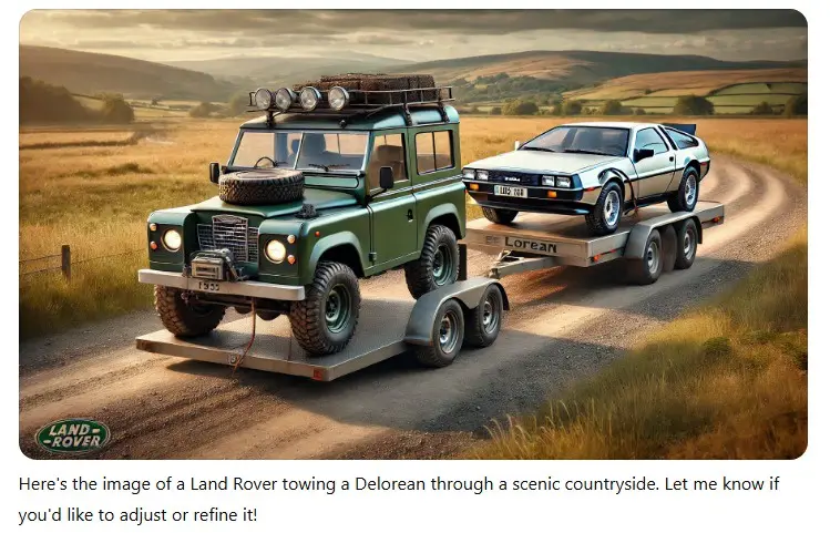 A green Land Rover Defender is towing a silver DeLorean DMC-12 on a flatbed trailer along a winding dirt road through a…