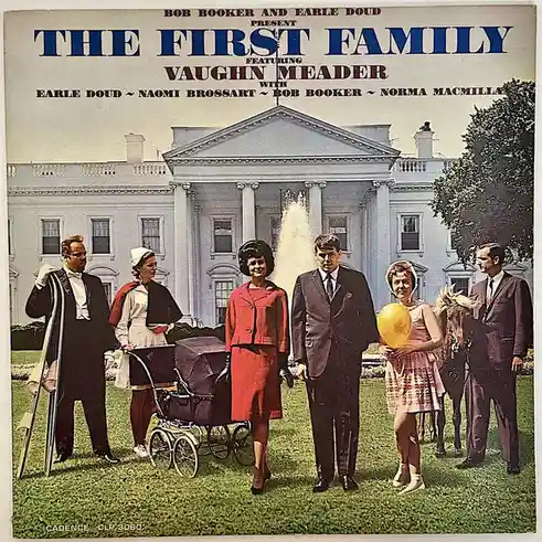 This vintage album cover for 'The First Family' by Bob Booker and Earle Doud features a staged photo of several actors in…