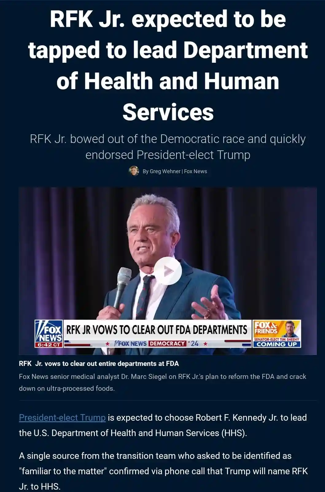 A screenshot of a Fox News article with a headline stating 'RFK Jr. expected to be tapped to lead Department of Health and…