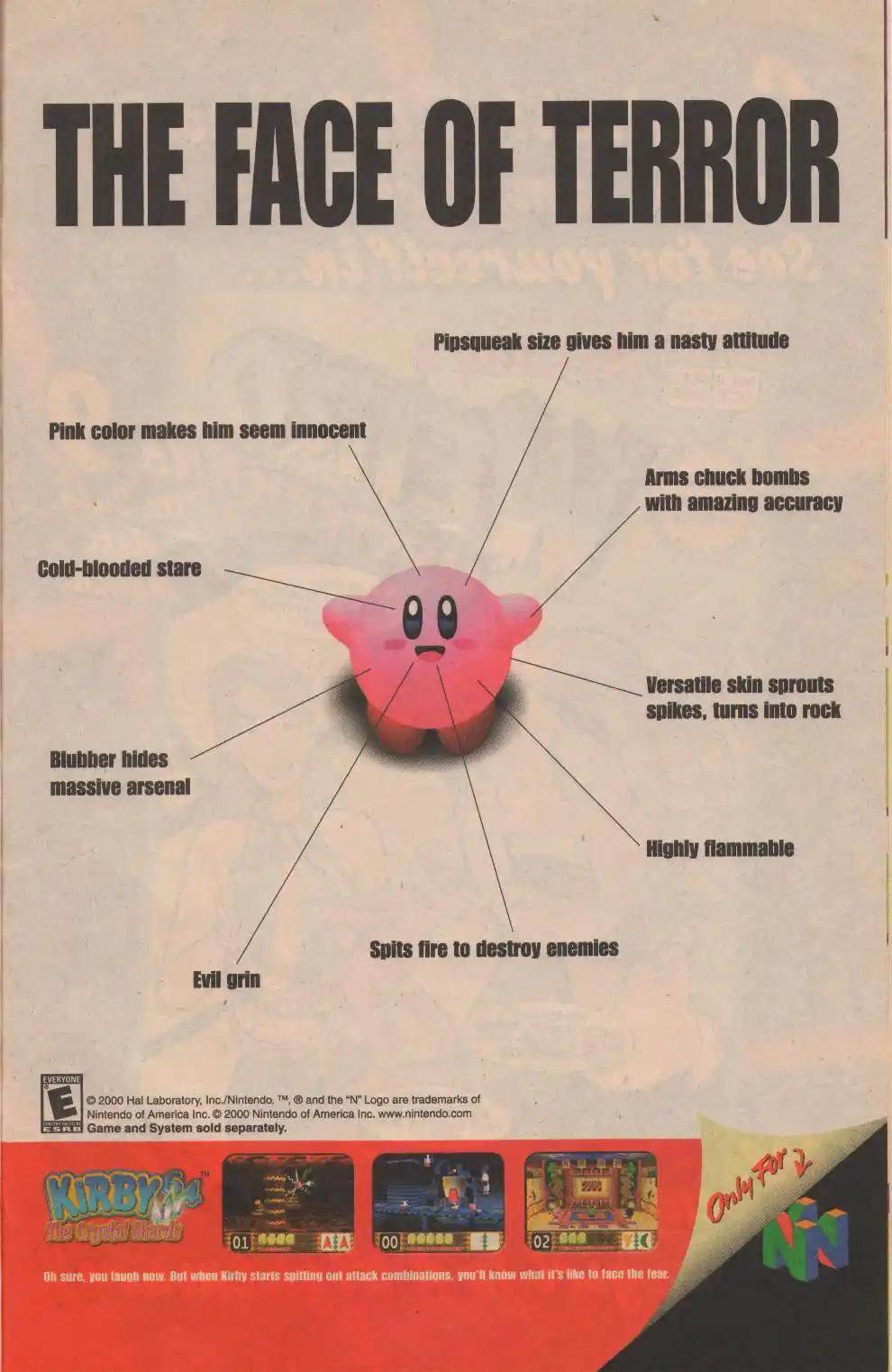 An image parodying a game character's 'face of terror' analysis, featuring the pink, round video game character Kirby at the…