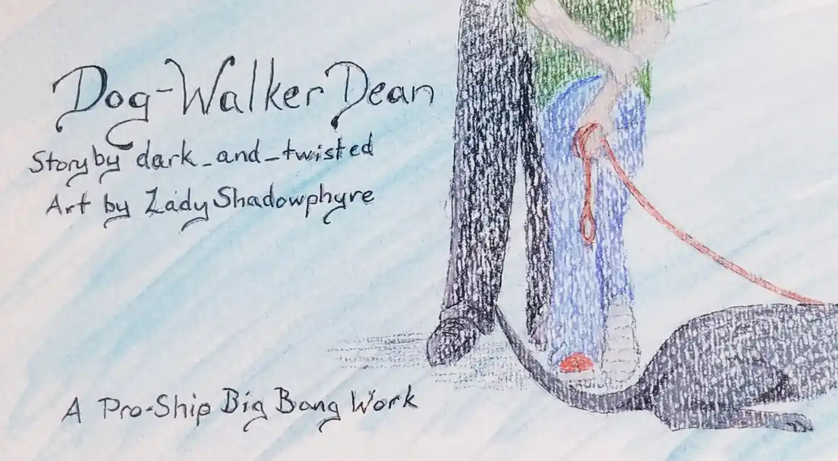 A hand-drawn illustration shows the lower half of a person in blue jeans and dark shoes walking a black dog on a red leash…