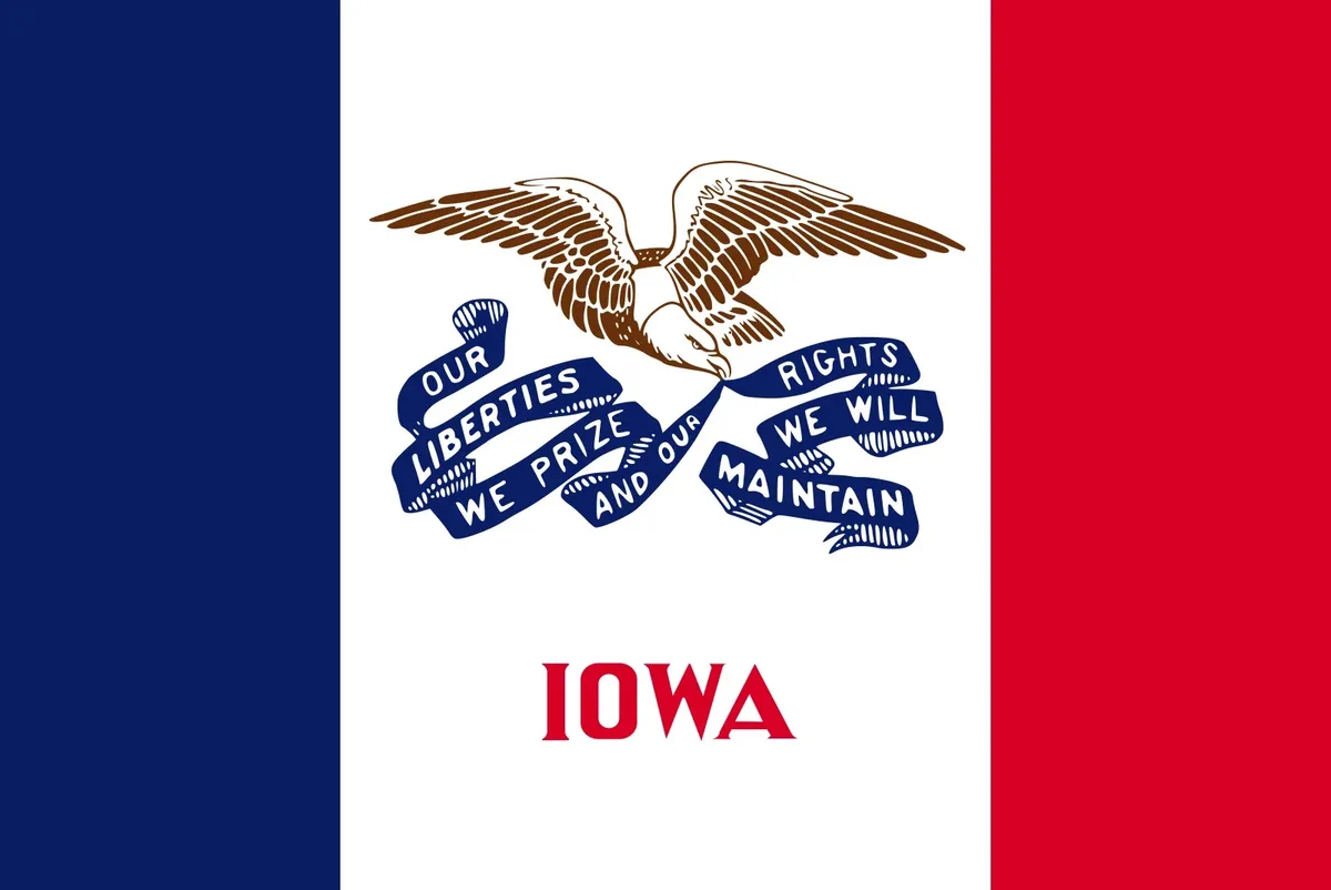 The image displays the official flag of Iowa, featuring a blue vertical stripe on the left, a white center with a brown…