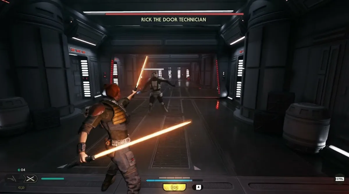 A video game screenshot from 'Star Wars Jedi: Fallen Order' shows a player character wielding a yellow lightsaber facing an…
