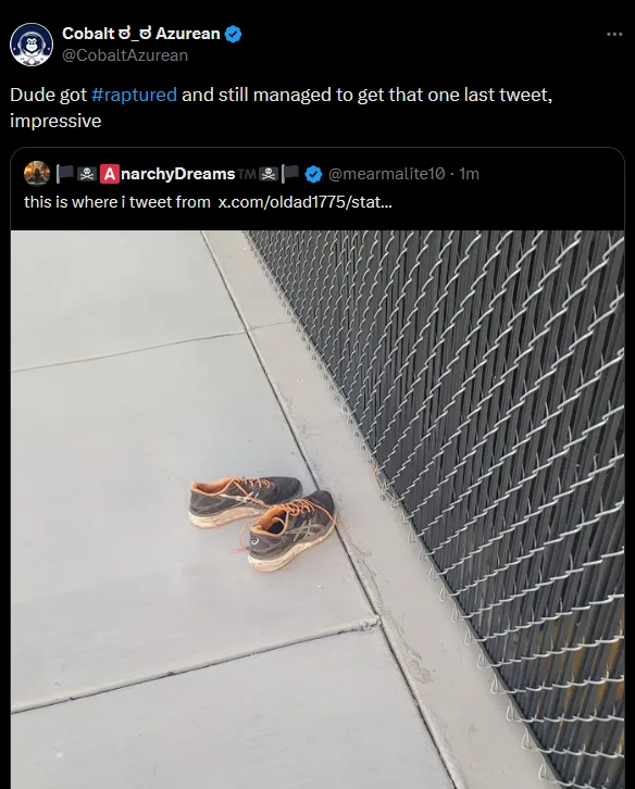 A screenshot of a tweet showing a pair of sneakers left on a concrete sidewalk next to a chain-link fence. The tweet from…