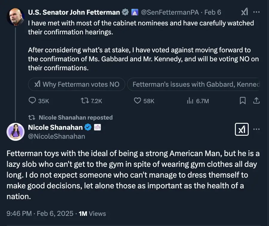 A screenshot of a Twitter thread shows U.S. Senator John Fetterman announcing his vote against confirming two cabinet…