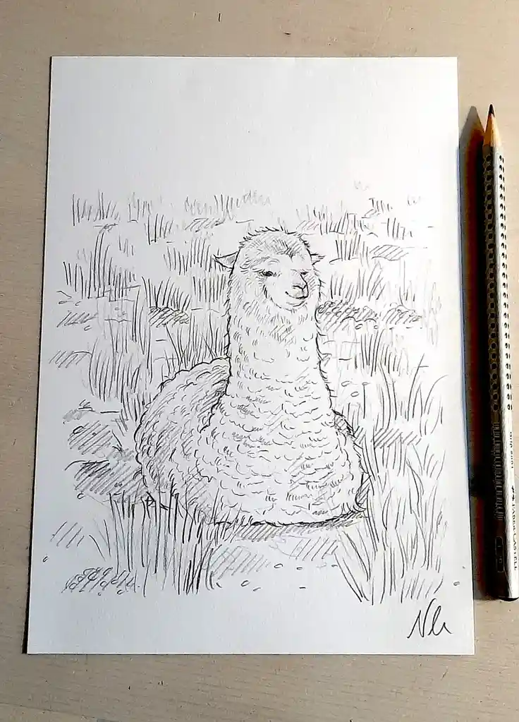 A pencil sketch on white paper depicts a fluffy alpaca sitting in tall grass, rendered with detailed cross-hatching and…