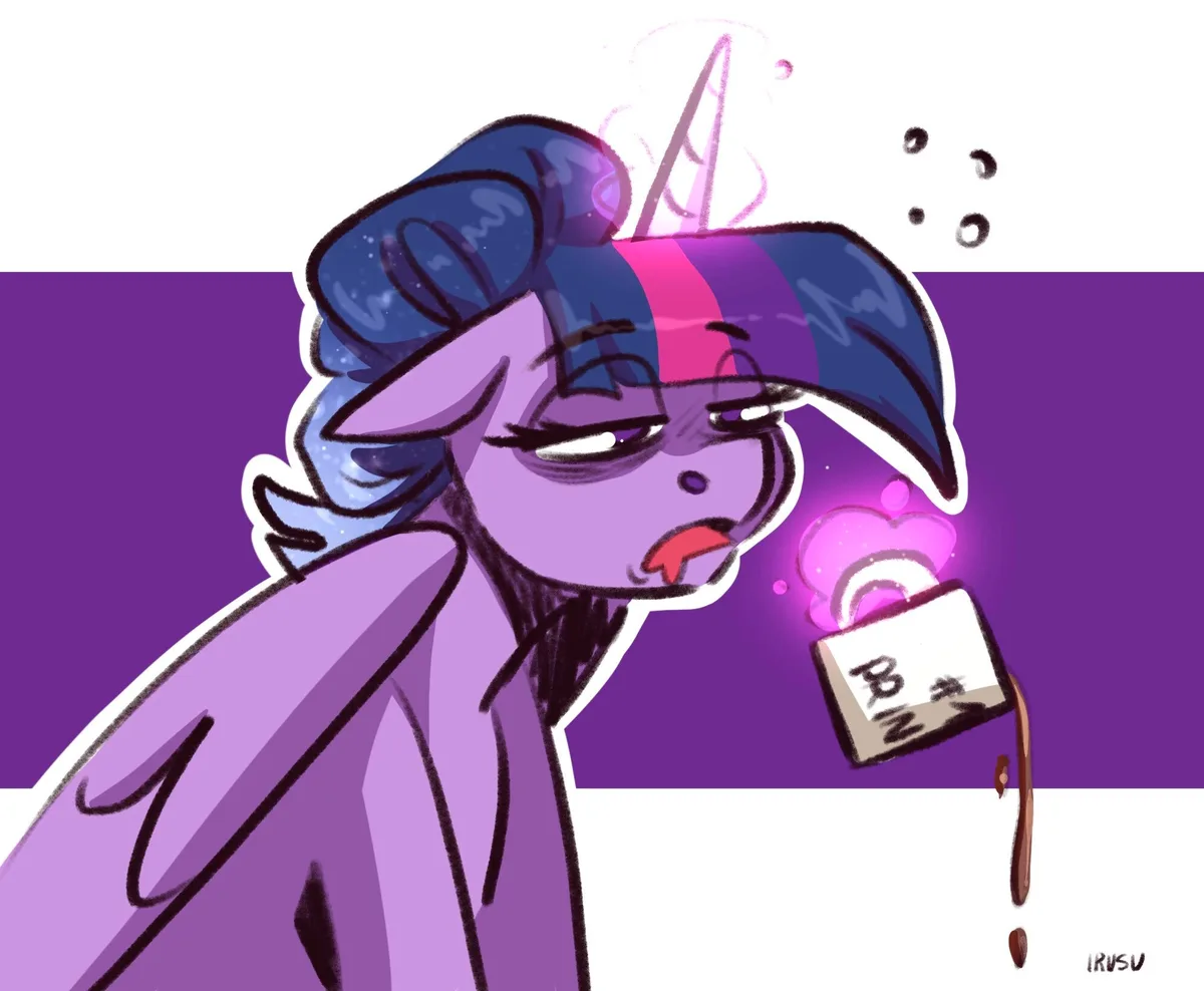 A cartoon pony with a purple and blue mane and a glowing horn is shown with a tired, annoyed expression, holding a small box…