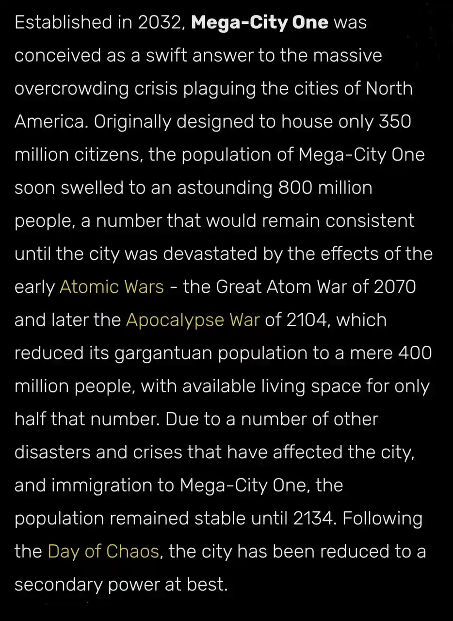 The image displays a block of white text on a black background, detailing the fictional history of Mega-City One from the…