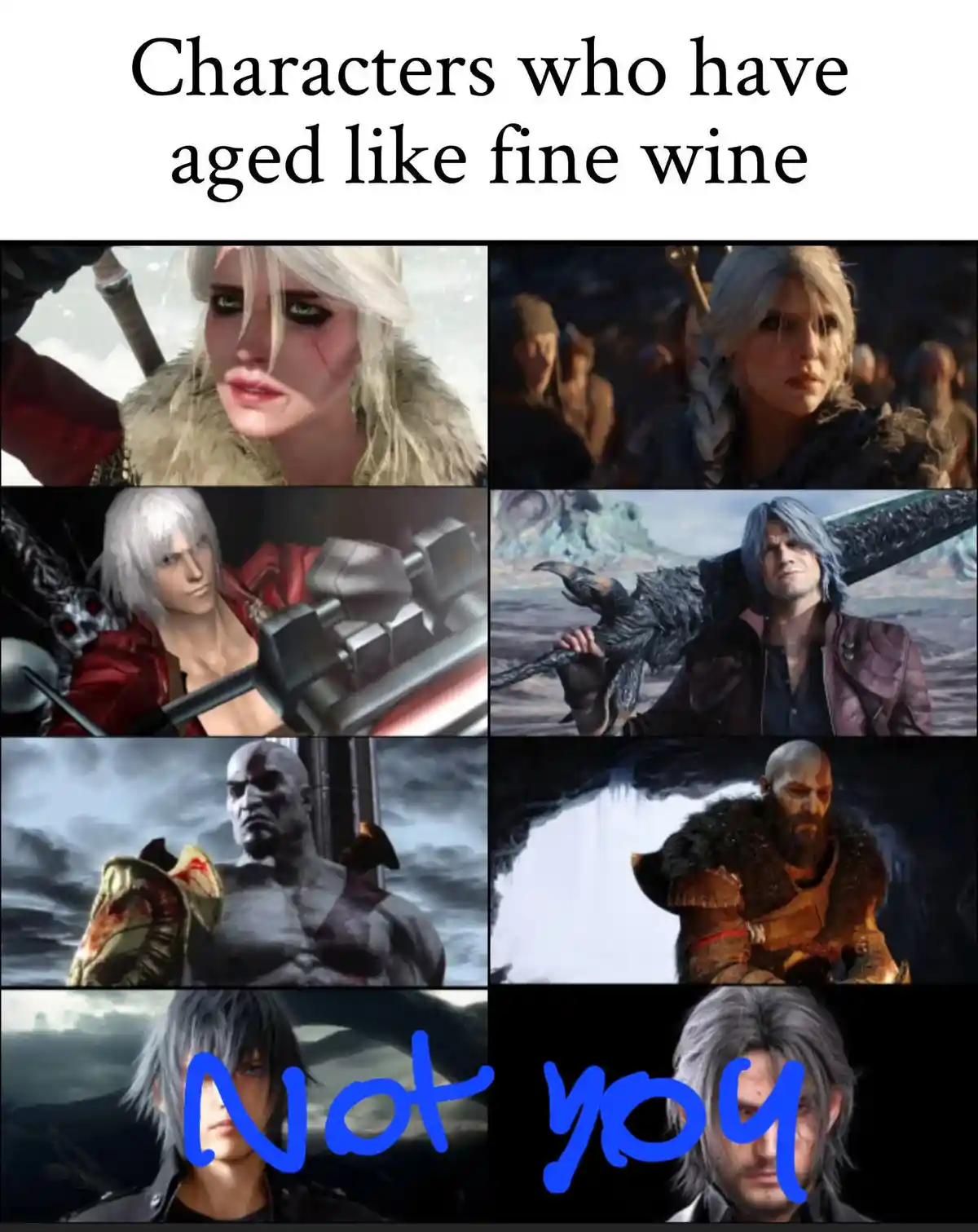A collage of six video game characters, each shown in two panels to illustrate their aging over time, with the top text…