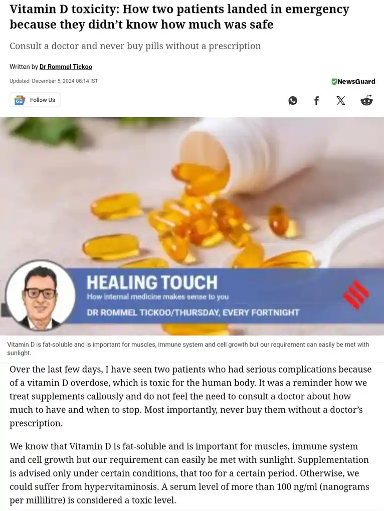 An article screenshot showing a spilled bottle of yellow vitamin D capsules on a spoon, with a banner for 'Healing Touch'…