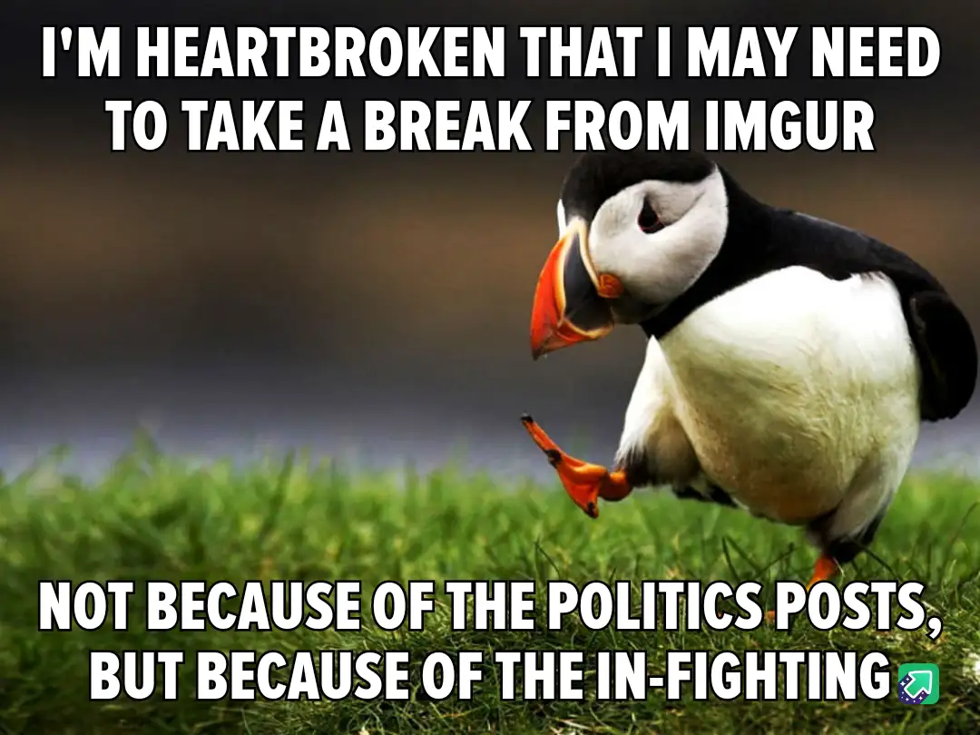 A close-up photo of a puffin standing on green grass, looking down with a sad or dejected expression. The image has two…
