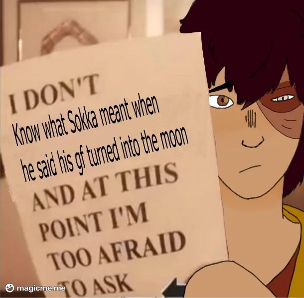 An animated character with dark hair and a stern expression holds up a beige sign with black text. The text reads: 'I DON'T…