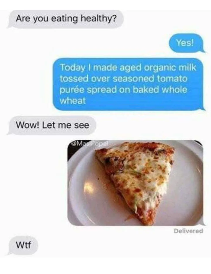 A screenshot of a text conversation where one person asks if the other is eating healthy, and the other replies with a long…