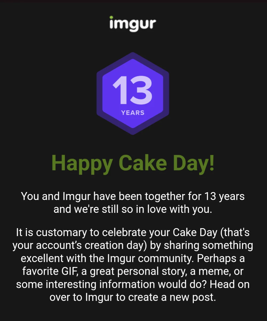 An Imgur account anniversary notification celebrating 13 years of account creation, featuring a purple hexagon with '13…