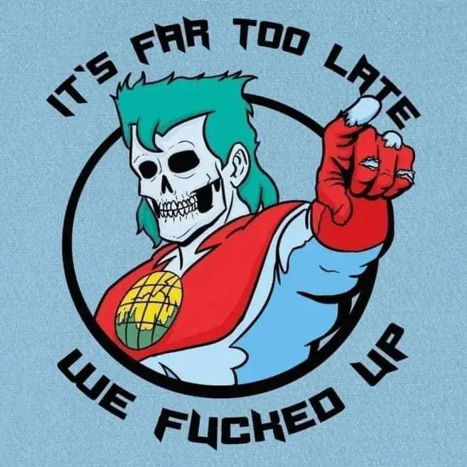 A cartoon skeleton with green hair, wearing a red cape and blue shirt, points accusingly at the viewer. The skeleton has a…