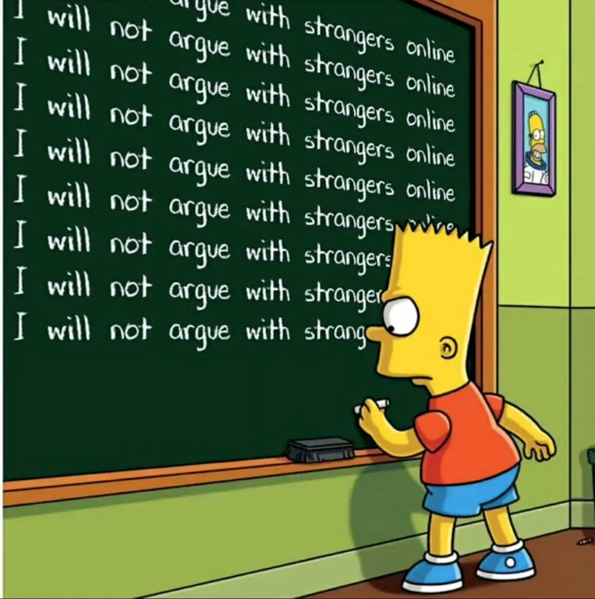 Bart Simpson stands in front of a green chalkboard, holding a piece of chalk, as he repeatedly writes the phrase 'I will not…