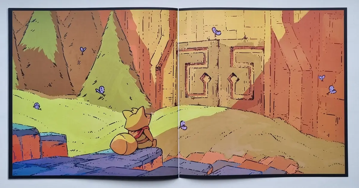 A spread from a children's book shows Winnie the Pooh sitting on a stone ledge, looking toward a distant, stylized castle…