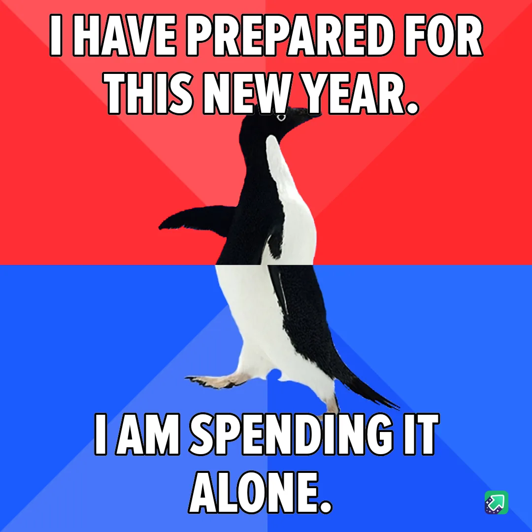 A penguin stands upright against a red and blue background, with bold white text overlaid. The top text reads 'I HAVE…