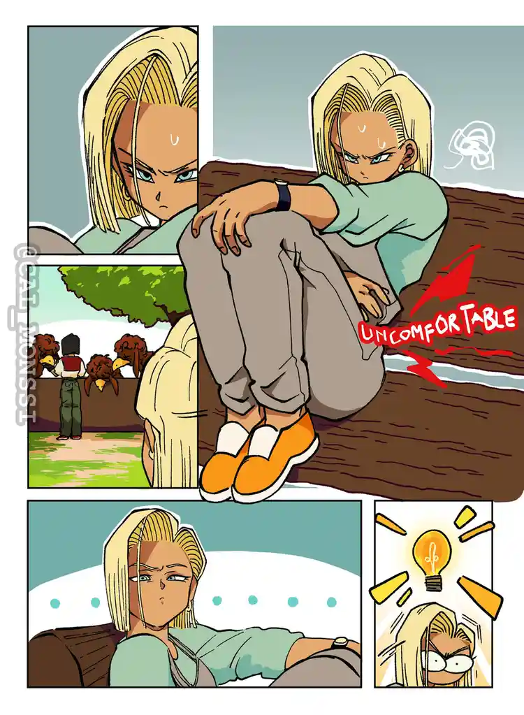 A four-panel comic strip featuring the anime character Android 18 sitting uncomfortably on a wooden bench, visibly tense and…