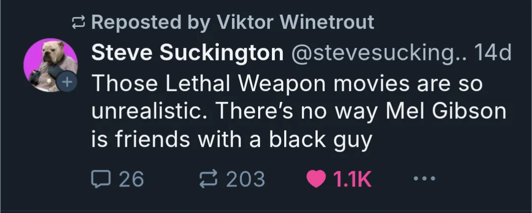 A screenshot of a tweet by 'Steve Suckington' reposted by 'Viktor Winetrout', criticizing the Lethal Weapon movies for being…